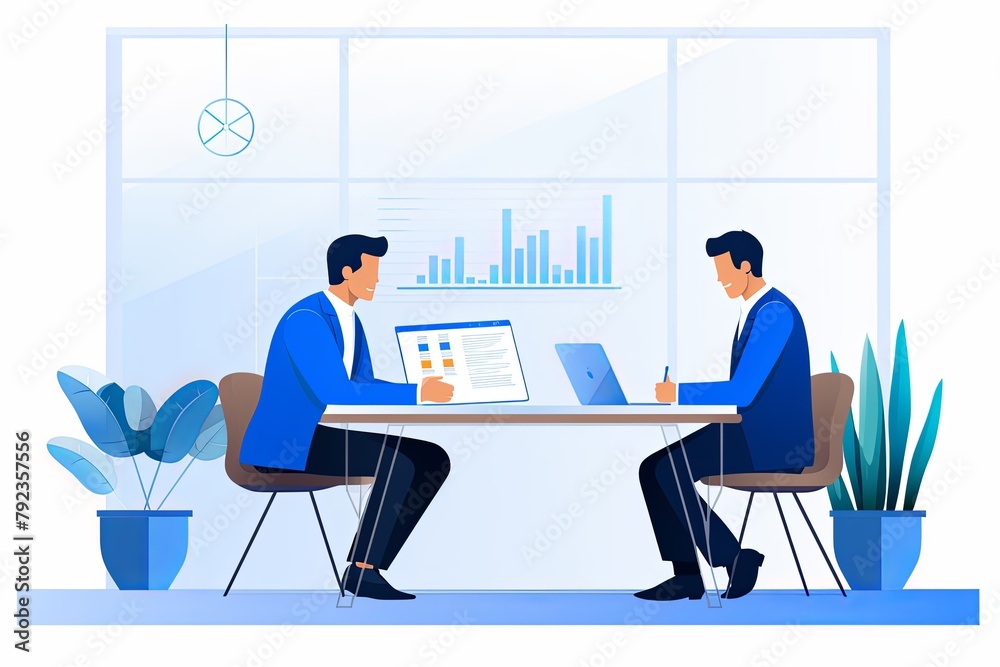 Two business people sit at desk discuss project details Two business people sit at desk discuss project details