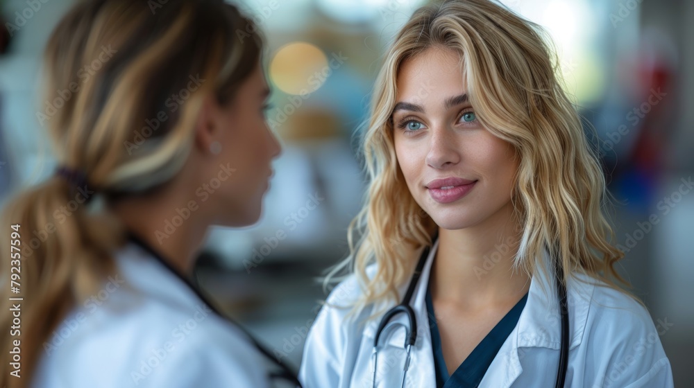 Two female healthcare professionals are discussing patient care in a modern clinic setting, highlighting teamwork and professionalism in medicine. Two female healthcare professionals are discussing patient care in a modern clinic setting, highlighting teamwork and professionalism in medicine.