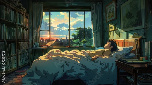 Cartoon man sleeping on bed, AI generated Image © marfuah