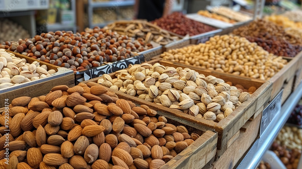 Variety of nuts on market display abundance of healthy options
