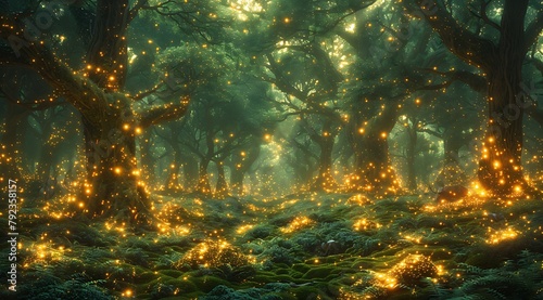 Magical Woodland Whispers: Oil Painting of Floating Orbs in Enchanted Forest © Thien Vu