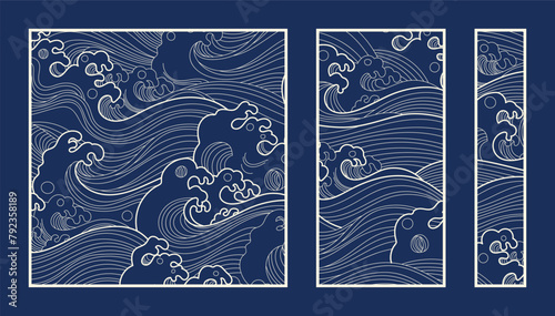 Blue sea wave pattern vector collection. Laser cut with line design pattern. Design for wood carving, wall panel decor, metal cutting, wall arts, cover background, wallpaper and banner.