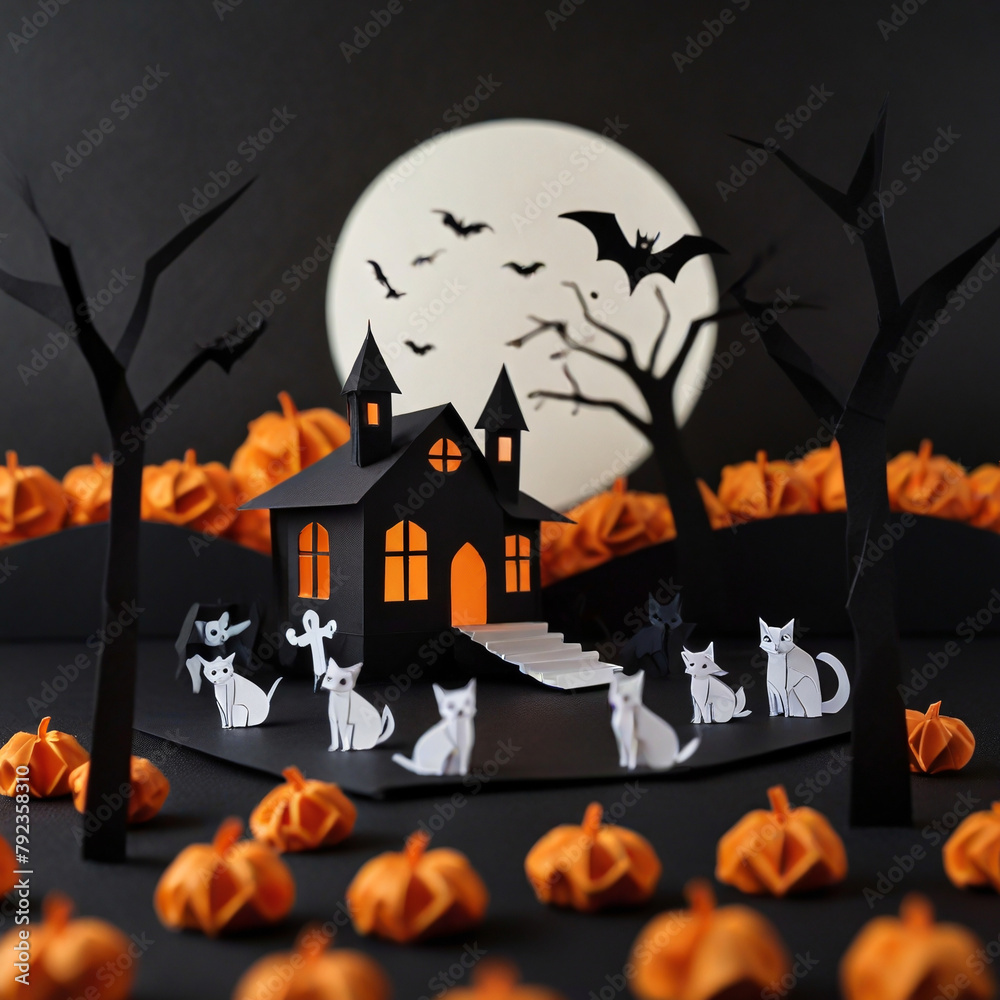 A minimalist paper art composition celebrating Halloween with a spooky twist. Perfect for seasonal greetings