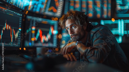 Intense focus shows in a stressed businessman's expression as he analyzes fluctuating cryptocurrency markets on multiple trading screens in a modern, high-tech trading office.