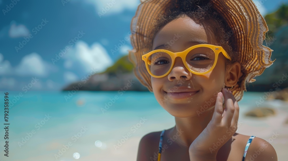 Gently applies sunscreen on daughter's face, ensuring protection from the sun during a bright, sunny day at a scenic tropical beach. Gently applies sunscreen on daughter's face, ensuring protection from the sun during a bright, sunny day at a scenic tropical beach.