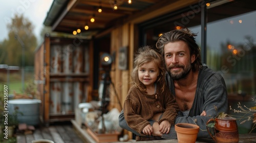 Heartwarming scene as a father and his young daughter share a peaceful moment together on a cozy rustic porch, reflective of familial bonds and simple happiness. photo