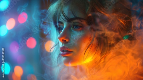 Stunning artistic portrait of a young woman enveloped in colorful, abstract light effects and smoke, capturing a surreal, ethereal mood.