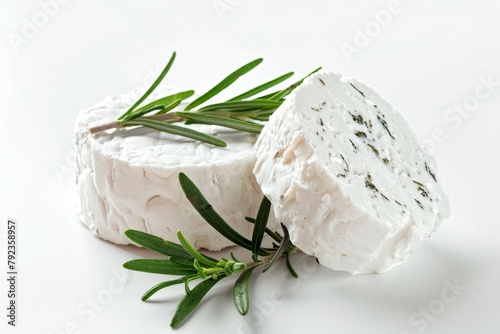 Tasty rosemary goat cheese on white background