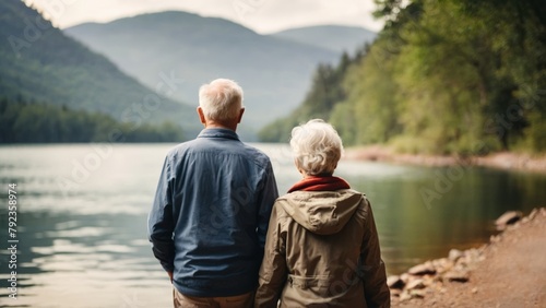 Happy caucasian senior pensioner retired couple traveler hiking by lake in blurred nature mountain background