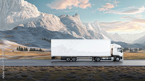 White cargo truck with a white blank empty trailer on highway road with beautiful nature mountains and sky, driving in motion