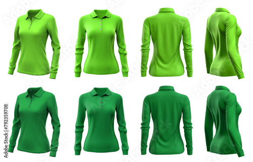 2 Set of woman dark light green lime front, back and side view collar long sleeve slim fit polo tee shirt on transparent background cutout, PNG file. Mockup template for artwork graphic design