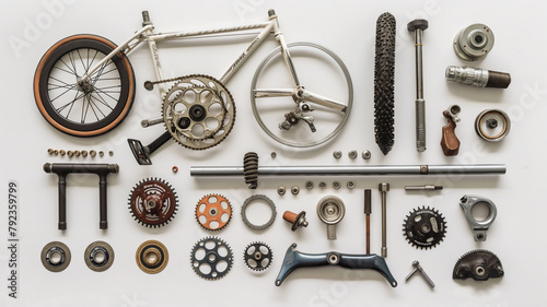 Disassembled bicycle parts neatly arranged on a white background, showcasing a variety of components. photo