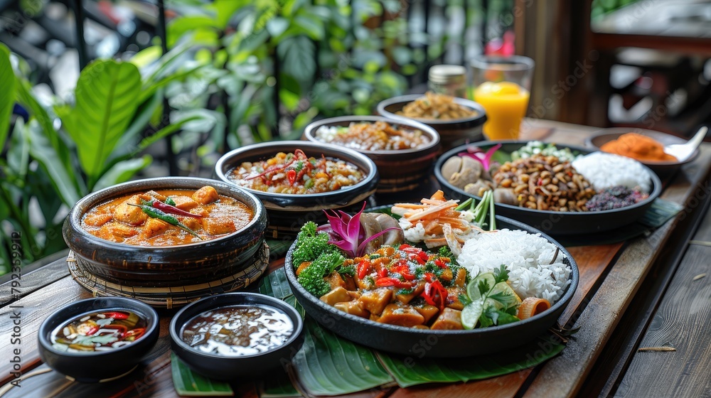 variety of authentic thai traditional meal set on green banana leaves,art image