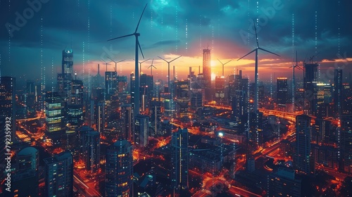 solar cell plant and wind generators in urban area connected to smart grid energy supply eolic turbine distribution of energy powerplant energy transmission high voltage supply concept stock image photo