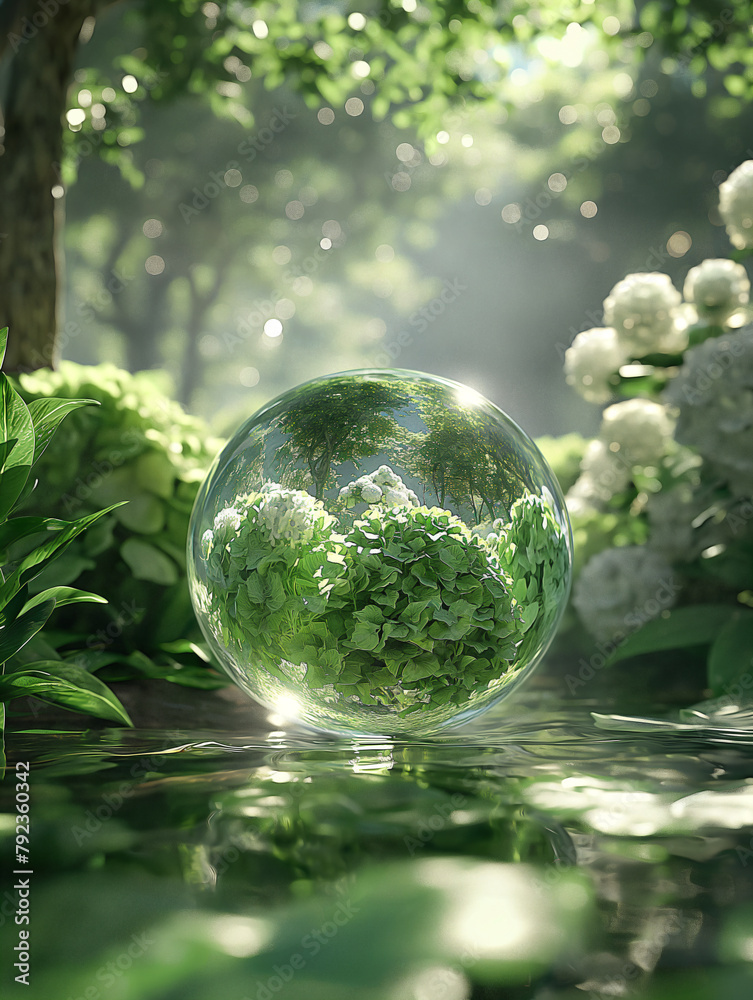 Green transparent 3d sphere in the center with bright colors and soft lights. The background should showcase a whimsical landscape, with blooming Hydrangea Green transparent 3d sphere in the center with bright colors and soft lights. The background should showcase a whimsical landscape, with blooming Hydrangea
