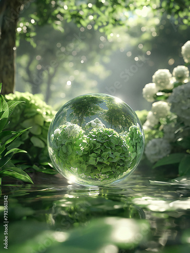 Green transparent 3d sphere in the center with bright colors and soft lights. The background should showcase a whimsical landscape, with blooming Hydrangea