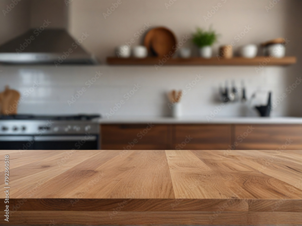 Warm Wooden Table Top with Blurred Kitchen Interior Warm Wooden Table Top with Blurred Kitchen Interior