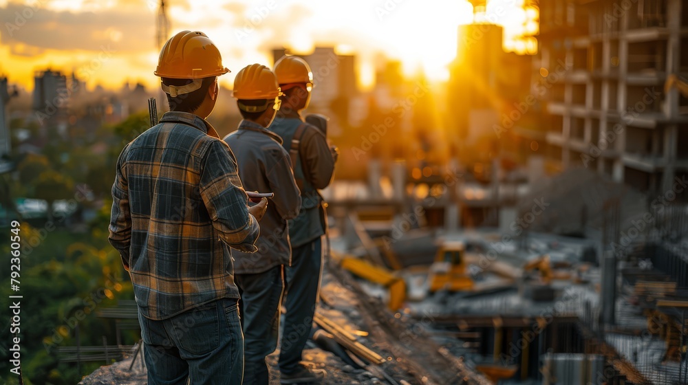 Team of engineers wearing worker hats at construction site in modern city A team of industry professionals in the sunshine Team of engineers wearing worker hats at construction site in modern city A team of industry professionals in the sunshine