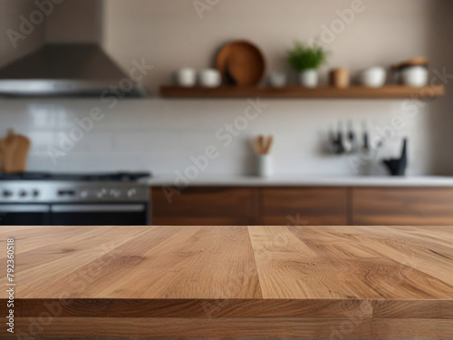 Warm Wooden Table Top with Blurred Kitchen Interior