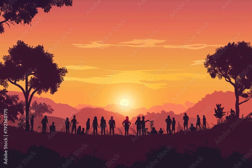 Cartoon cute doodles of a scenic overlook, with people gathered to watch the sun dip below the horizon, creating a stunning silhouette of the landscape, Generative AI
