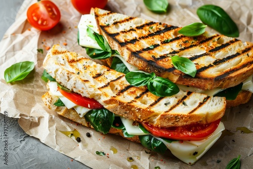 Top view of a delicious and healthy grilled basil mozzarella caprese panini sandwich Ideal for breakfast or snack fits clean eating dieting and v photo