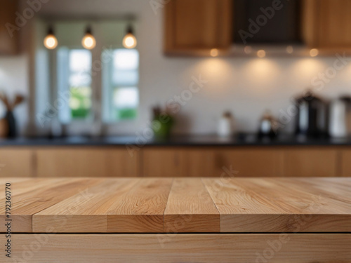 Warm Wooden Table Top with Blurred Kitchen Interior