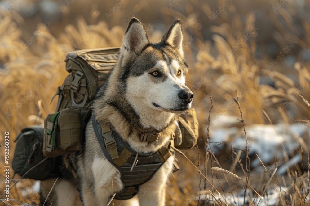A military Husky dog in a K9 bulletproof vest in full combat readiness. Concept of a dog searching for mines in the field. War, military actions.

