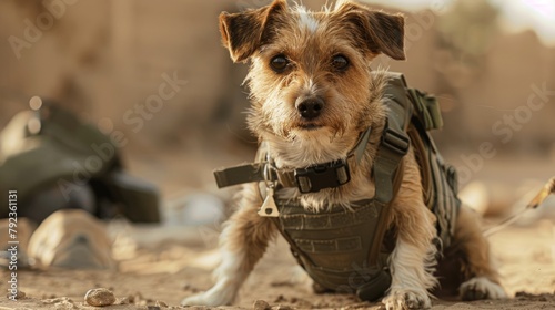 A military Jack Russell dog in a K9 bulletproof vest in full combat readiness. Concept of a dog searching for mines in the field. War, military actions. photo