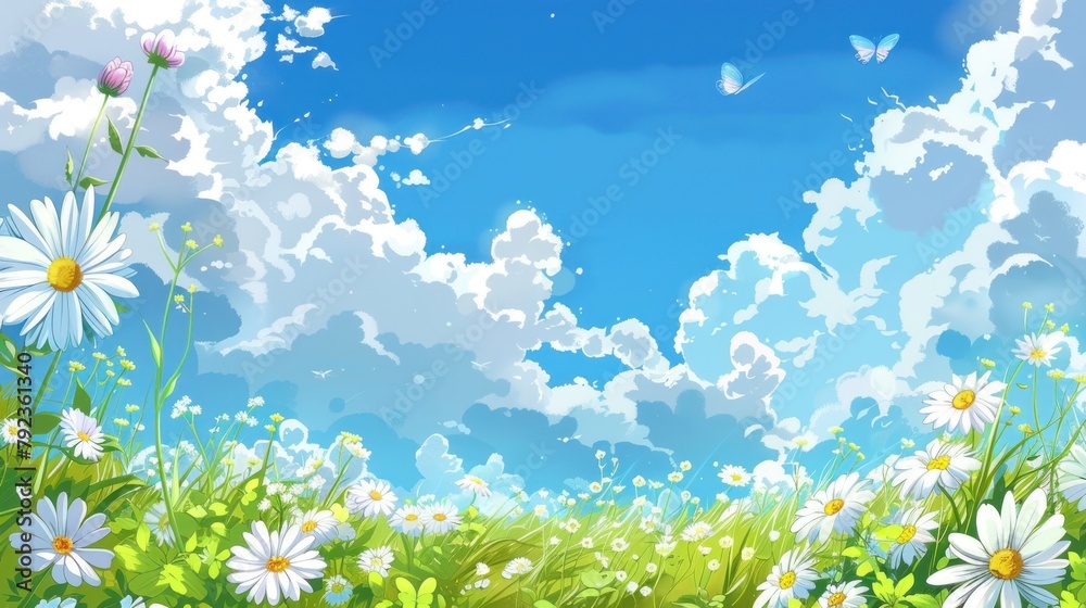 Illustration of a whimsical spring scene, fluffy clouds dotting a bright blue sky