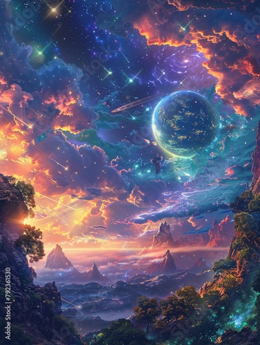 Lush and vibrant wallpaper showcasing a fantastical planet, complete with swirling clouds and colorful landscapes in a fantasy style