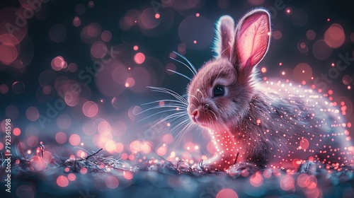 an easter greeting card design with a bunny and an easter egg in a digital tech style futuristic modern illustration with a light effect,art illustration