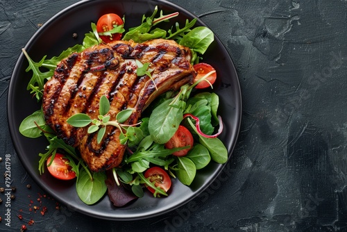 Top view of grilled pork steak with green salad on dark surface