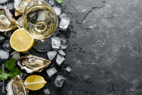 Top view of oysters lemon wine on stone table with space for text