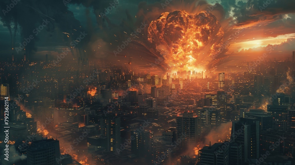 Nuclear explosion in a big city. Concept of nuclear war. Third World War. Nuclear attack. - obrazy, fototapety, plakaty 