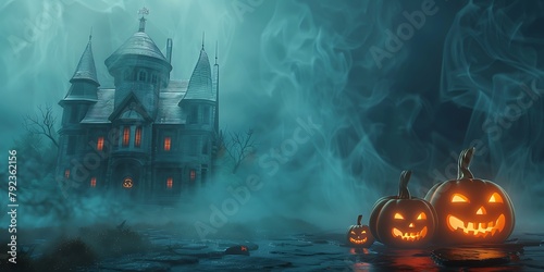 Halloween day, 3D Illustration of Haunted House and Sinister Jack-o'-Lantern