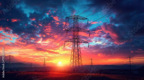 silhouette of high voltage electric tower on sunset time background,art image