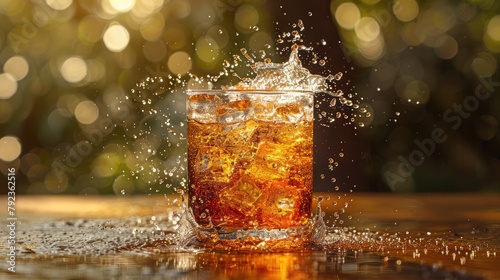a refreshing soda drink or cola served with ice cubes creating a splash and bubbles perfect for a summer party or celebration,art image