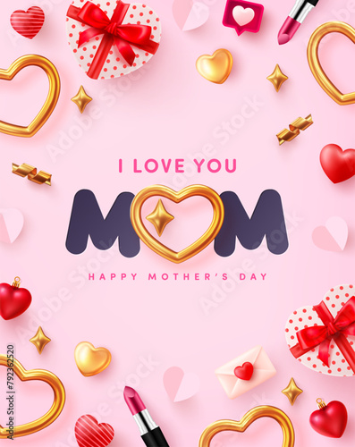 Mother's day banner with MOM word and golden cute heart and love and cute elements on pink background.Poster or banner template for Love Mom and Mother's day concept.Vector illustration eps 10