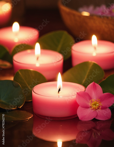 Candles and pink flowers in a natural setting with clean water. A peaceful and relaxing atmosphere with a touch of color and light. Suitable for spa and beauty themes. Natural alternative therapy.