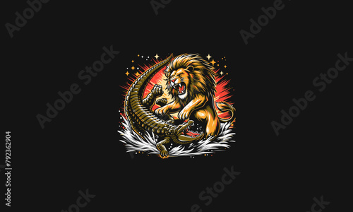 lion fight with crocodile vector artwork design