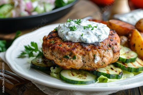 Turkey burger with cucumber tzatziki sauce and potato salad
