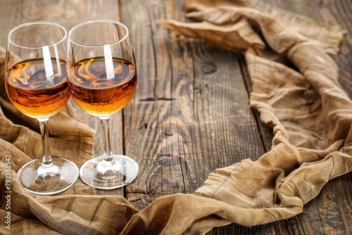 Two sherry glasses on wooden surface with space for text photo