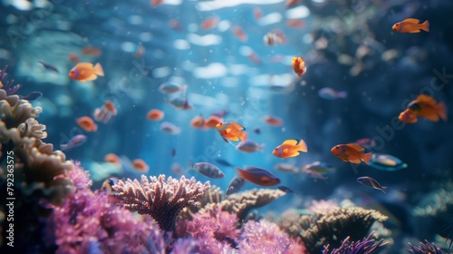 Defocused background of a coral reef with vibrant coral and schools of fish swimming in the background evoking a sense of wonder and adventure in a deepsea setting. .