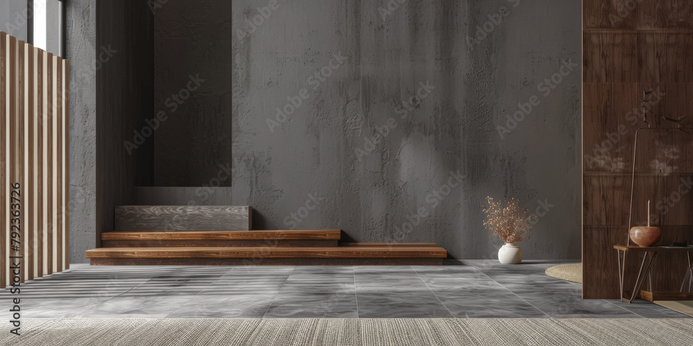Minimalist interiors composition in grey tones with natural light and minimal furniture. Minimalist interiors composition in grey tones with natural light and minimal furniture.