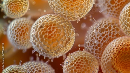 A magnified view of a fungal spore showing its spherical shape and intricate surface with small bumps and ridges.