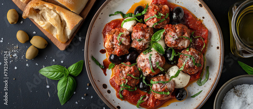 beef meatballs on a circular plate , Rich tomato sauce drizzled over the meatballs ,Fresh mozzarella cheese sprinkled over the meatballs ,Fresh basil leaves sprinkled over the meatballs ,Slices of foc photo
