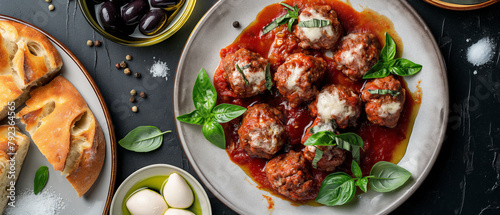 beef meatballs on a circular plate , Rich tomato sauce drizzled over the meatballs ,Fresh mozzarella cheese sprinkled over the meatballs ,Fresh basil leaves sprinkled over the meatballs ,Slices of foc photo