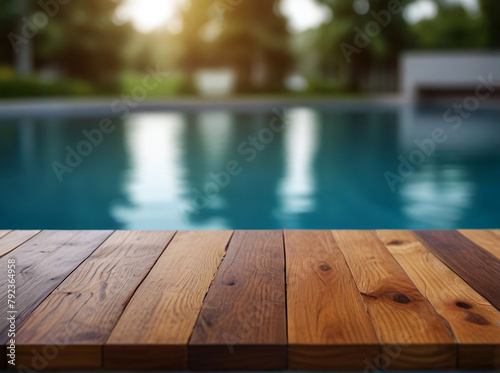 Showcase your product in a summery setting with a blurred pool backdrop