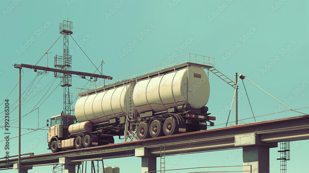 An image depicting a large truck traveling down a highway, with a cargo trailer attached The scene highlights the transportation industry, showcasing a lorry moving freight efficiently on a clear day