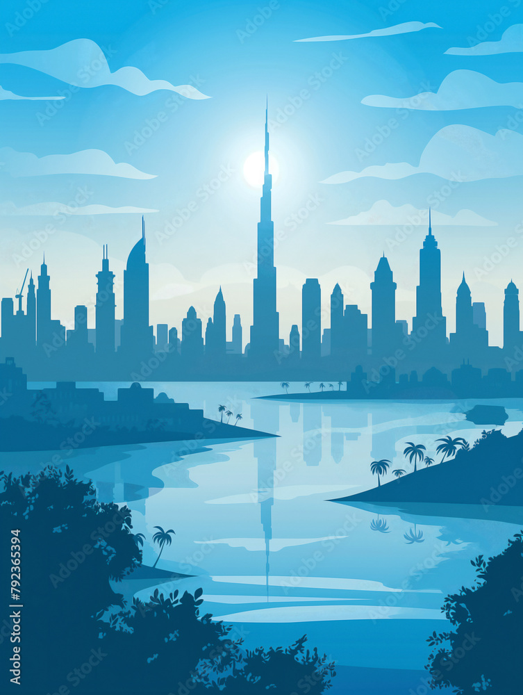 Dubai area infographic, top view, Summer and Sunny ,blue sky, burj khalifa in the middle , city buildings silhouetted, river, cartoon illustrations